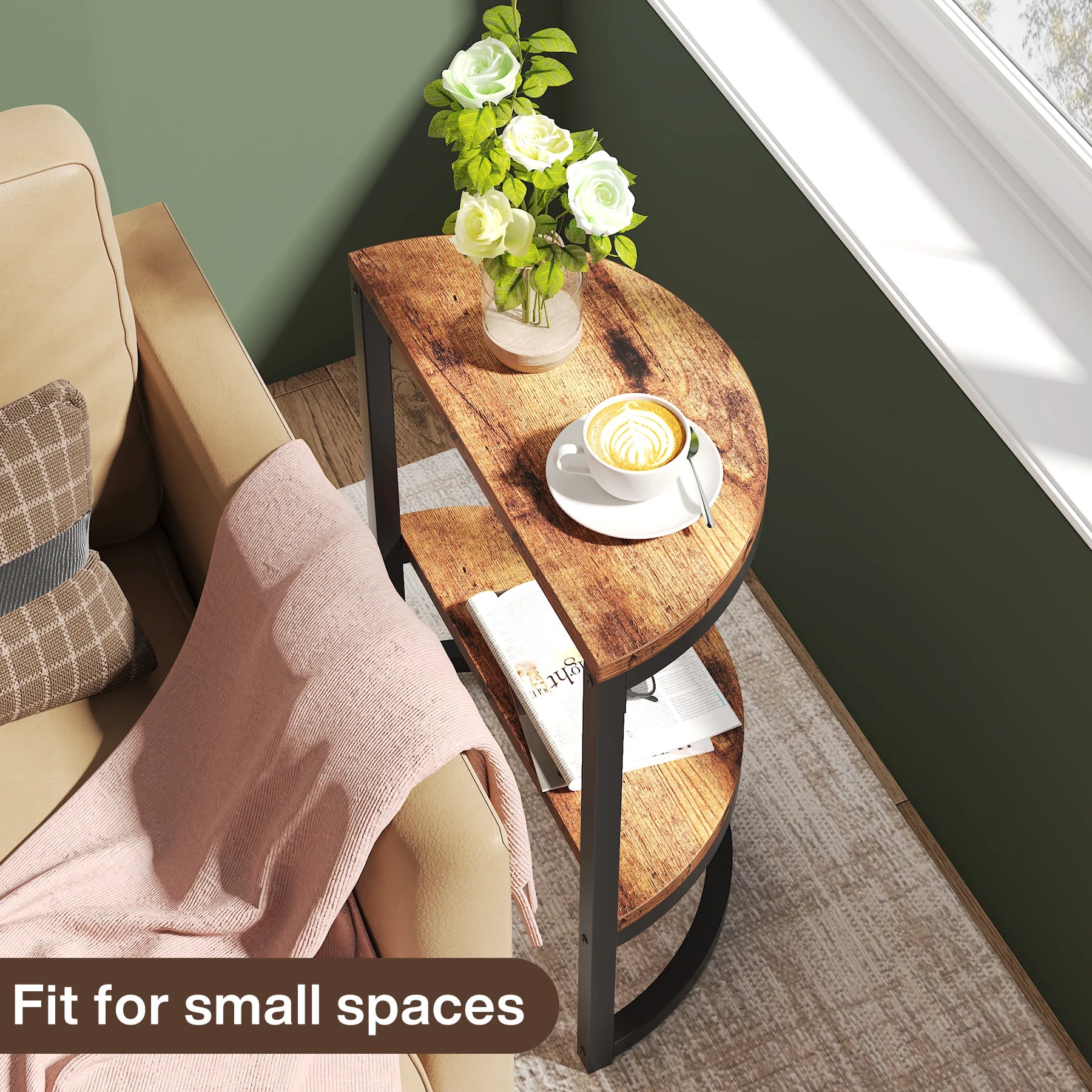 End Table-Semi Circle, Small Half Round, Side Table with Storage Shelf, Accent Table, Slim C Table for Sofa Couch, Tribesigns