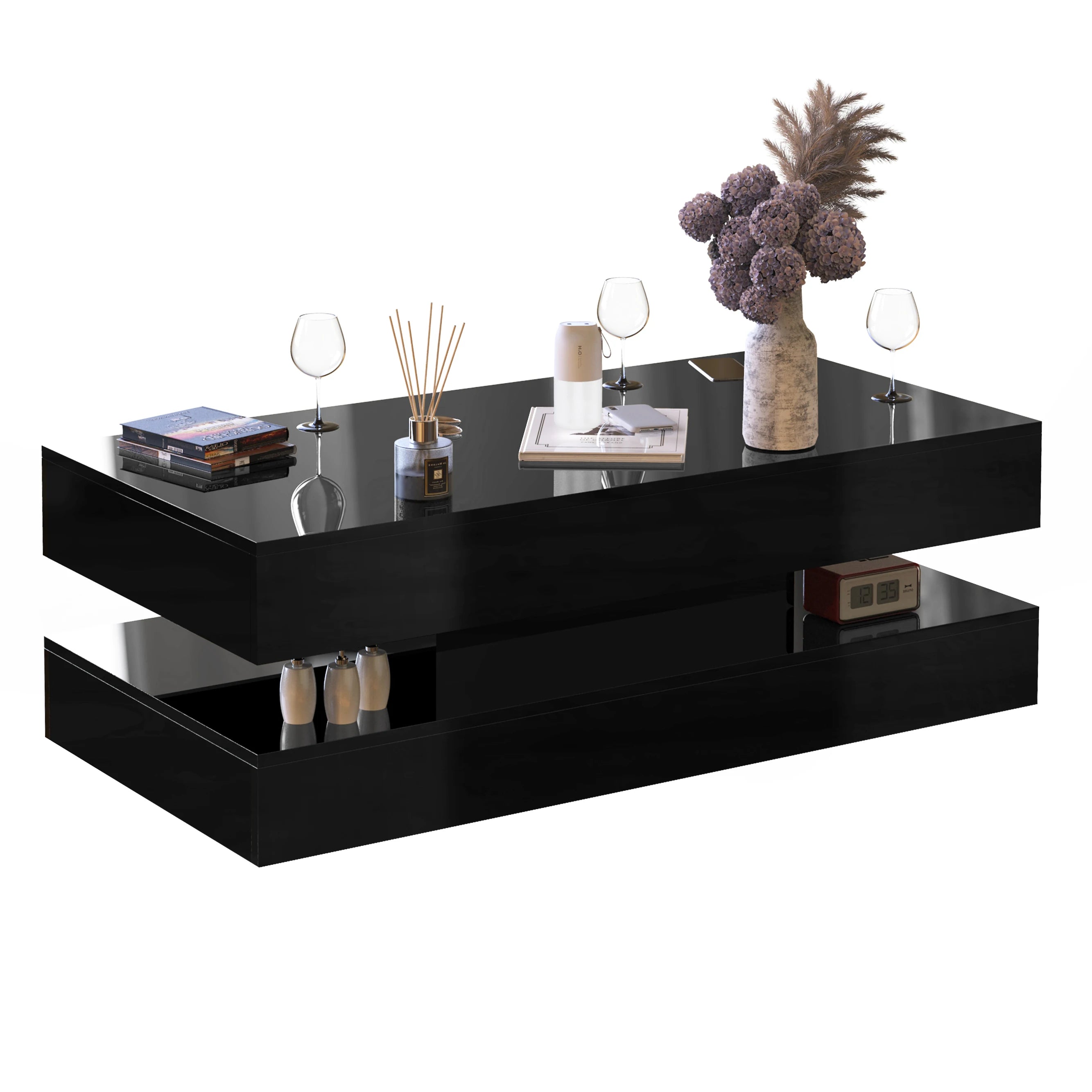 Coffee Table - Modern LED - 47.3 inch – High Gloss Finish with Dual Storage Drawers for Living Room
