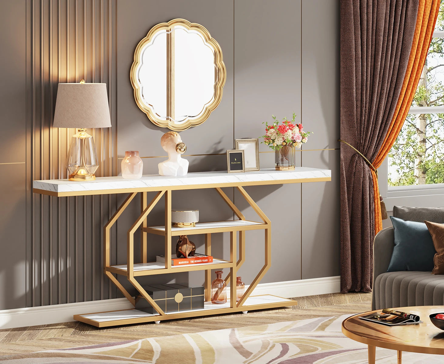 Accent Table-Modern Console Table, Gold, Sofa Table, Behind Couch, 4 Tier Storage, Entryway, Tribesigns