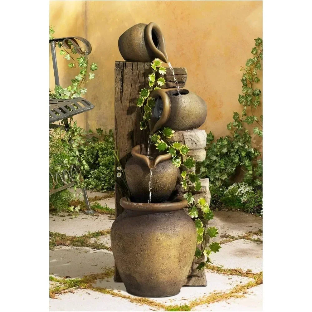 Outdoor Decor: Floor Fountain: Cascading Rustic Outdoor Floor Three Jugs Fountain and Waterfalls