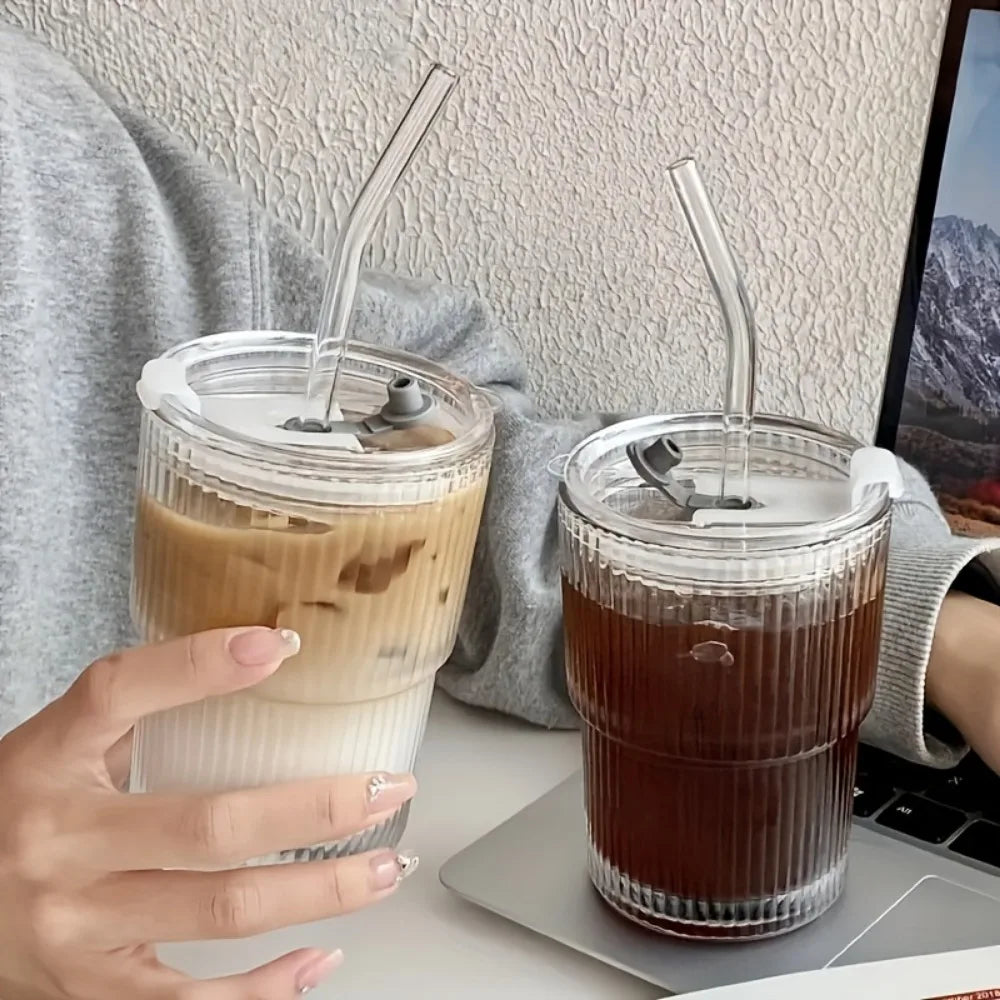 Home Kitchen: Drinkware: Stripe Glass Cup with Lid and Straw Vertical Stripes Design | Iced Coffee Cups | Drinking Glasses for Juice, Milk, Tea