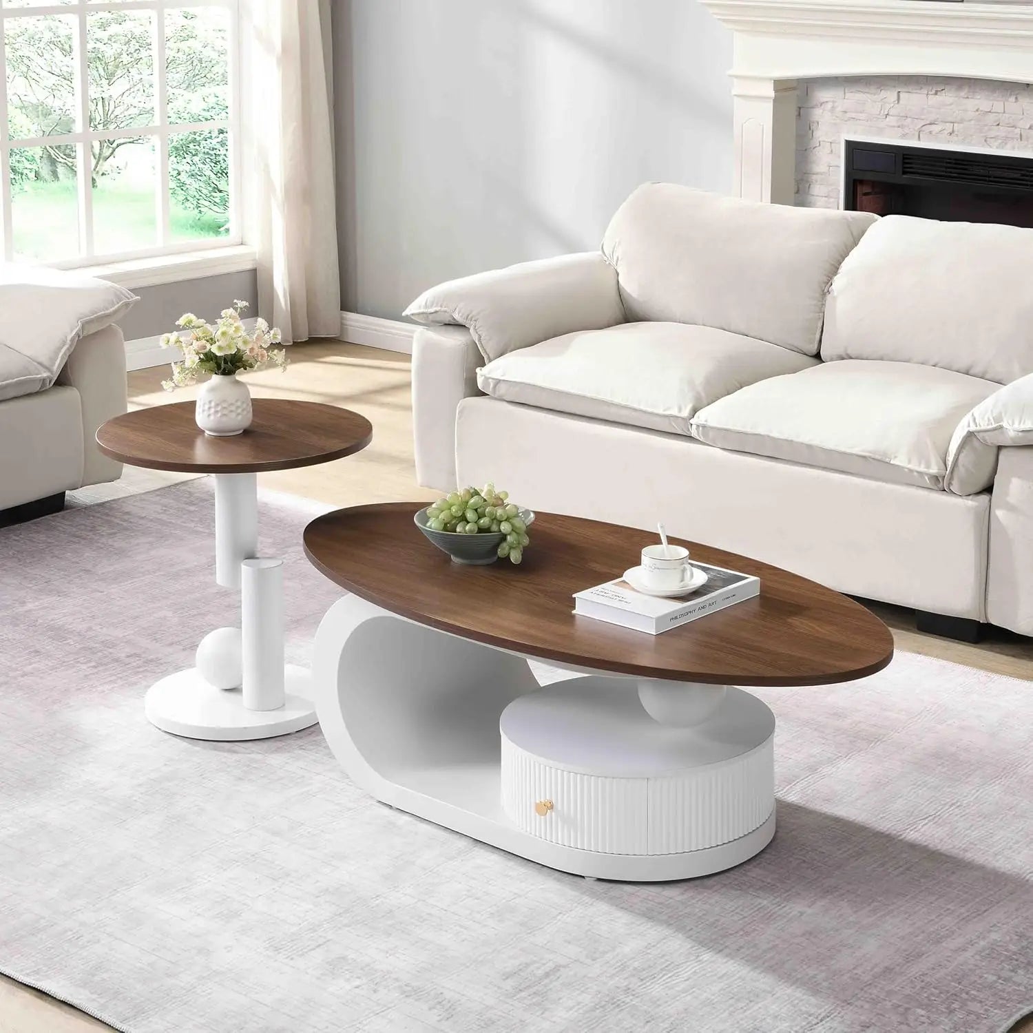 Coffee Table Set-Modern Nesting Oval Coffee Table Set, Faux Marble Top, Gold Metal Base, Living Room, 2pcs, Customized
