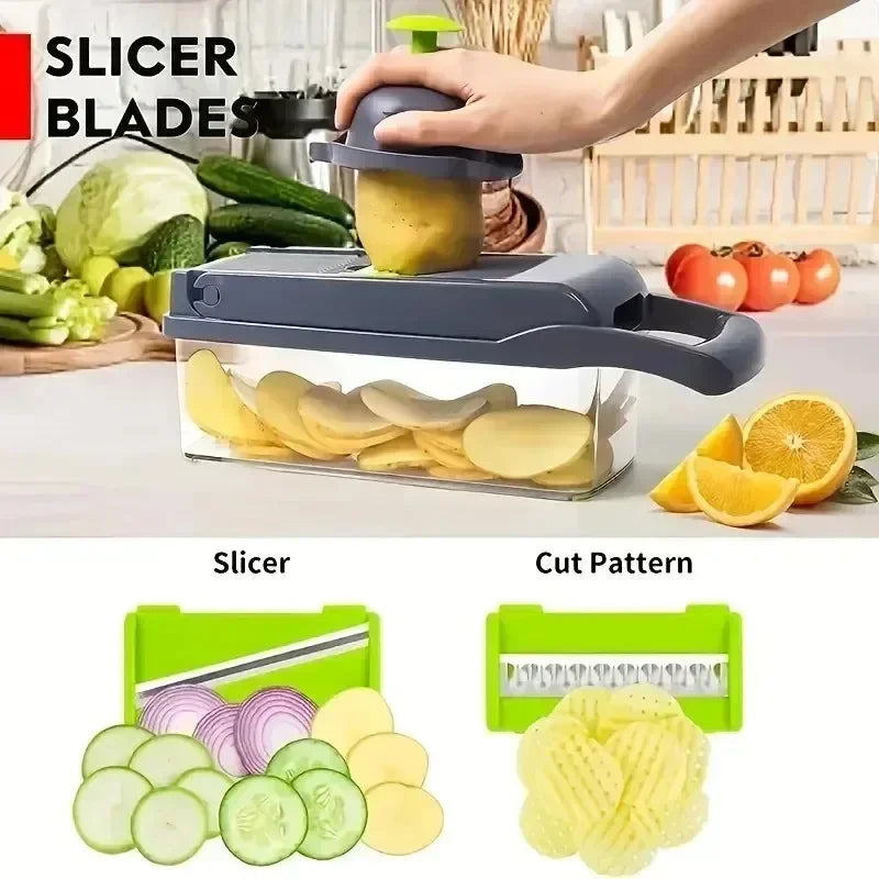 Kitchen-Multifunctional Vegetable Chopper & Slicer 14/16-in-1 with Basket – Shredder & Grinder for Fruits & Veggies