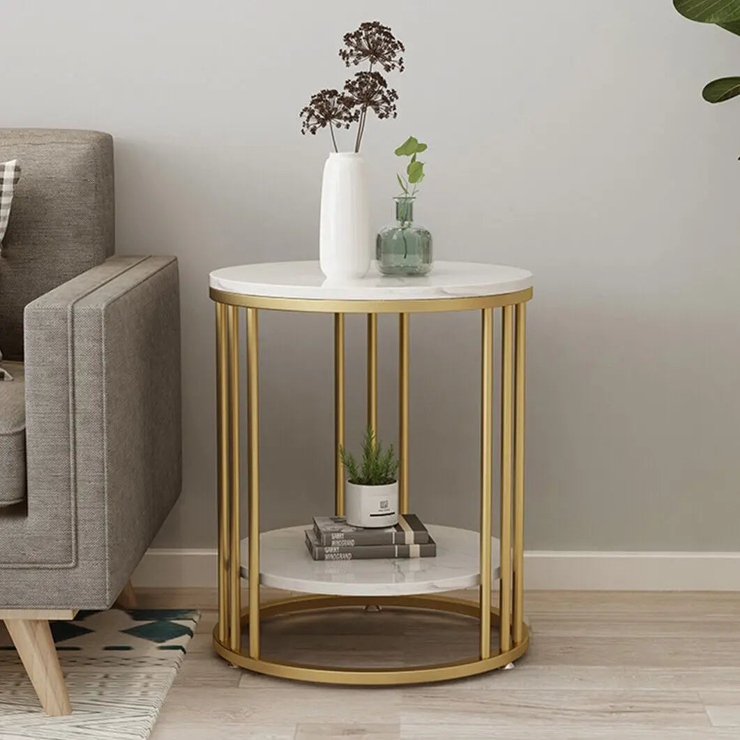 Accent Table- 2-Tier White Marble Side Table, Round Coffee Table, Nightstand, Jewelry Storage
