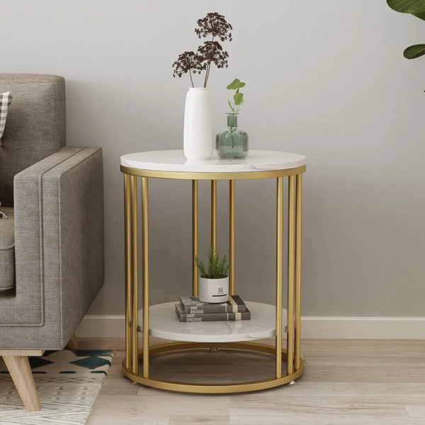 Accent Table- 2-Tier White Marble Side Table, Round Coffee Table, Nightstand, Jewelry Storage