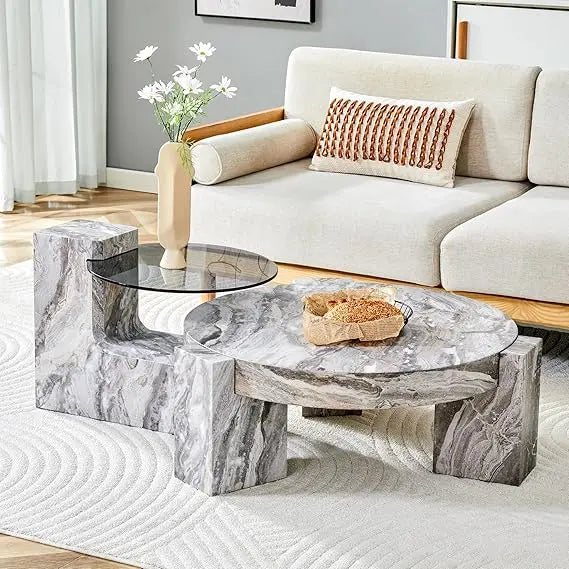 Coffee Table-Round Set of 2, Gray Faux Marble, Glass top End Table, Modern Circular Detachable Nesting