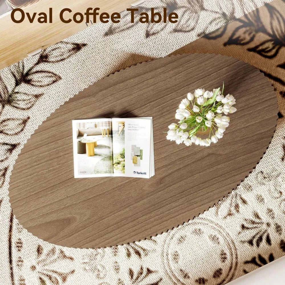 Coffee Table – Oval Fluted - Modern Walnut Finish Olive-Shaped Drum for Living Room