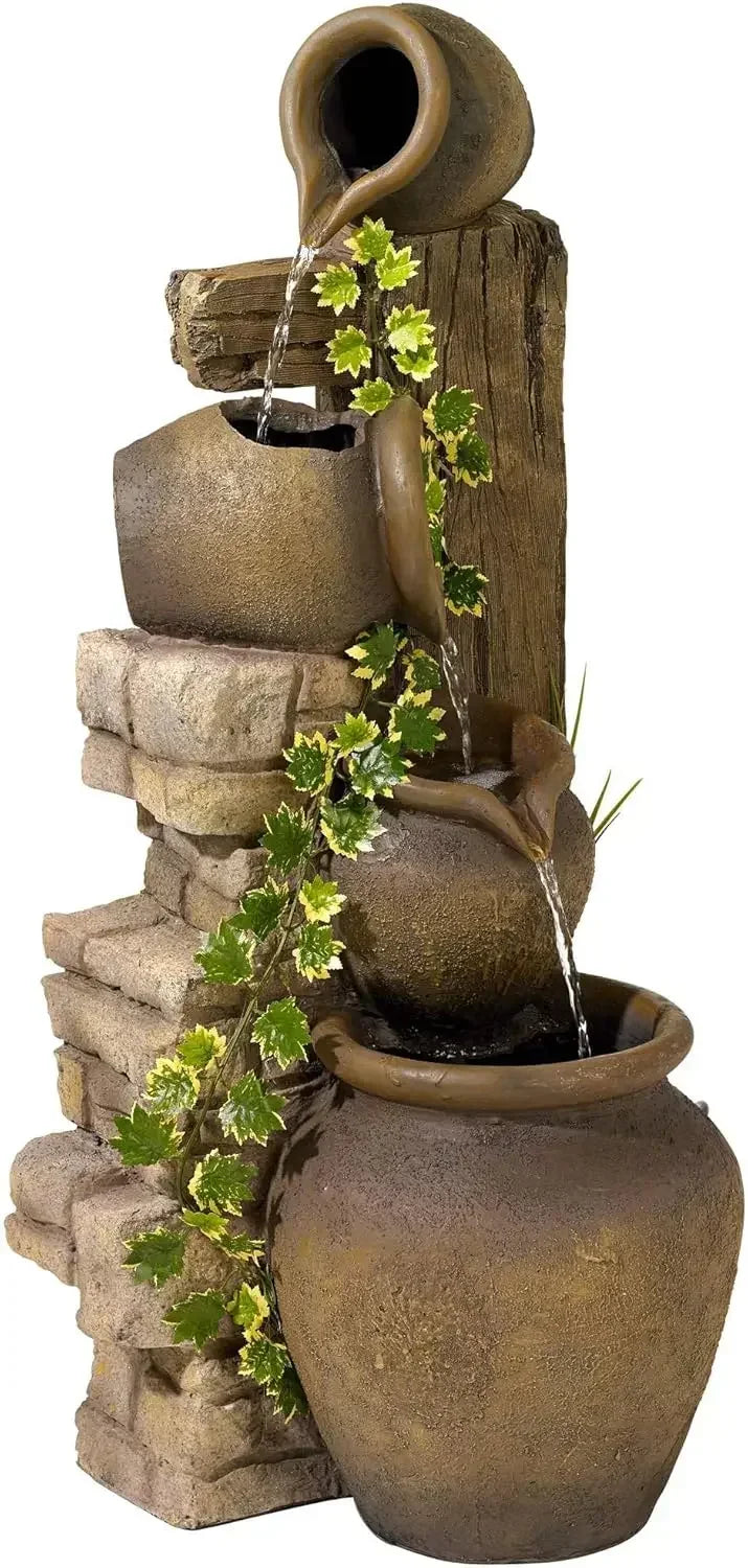 Outdoor Decor: Floor Fountain: Cascading Rustic Outdoor Floor Three Jugs Fountain and Waterfalls