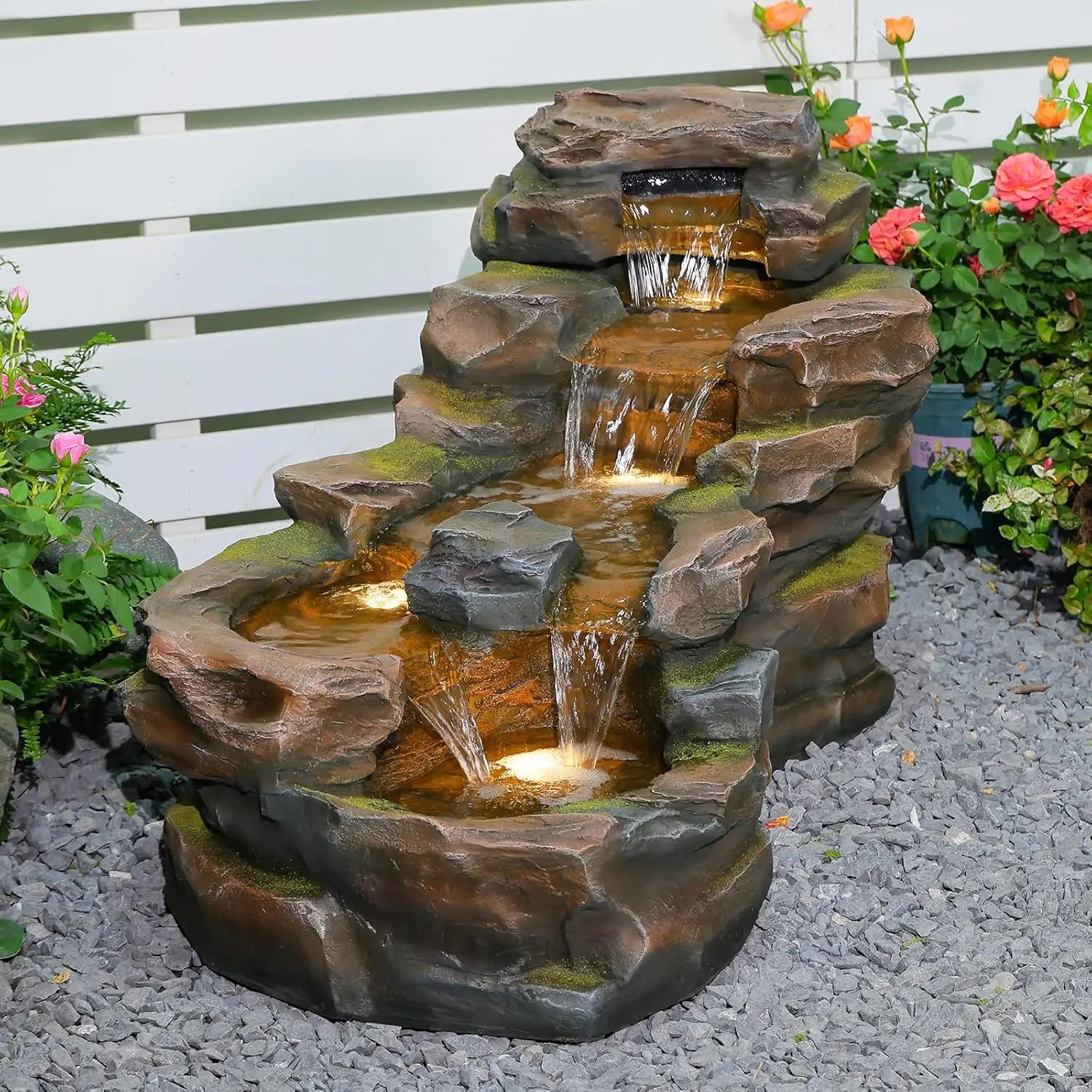 Water Fountain-LED Lights, Outdoor, Floor Standing, 5-Tiers, Rock Natural, Waterfall, Garden