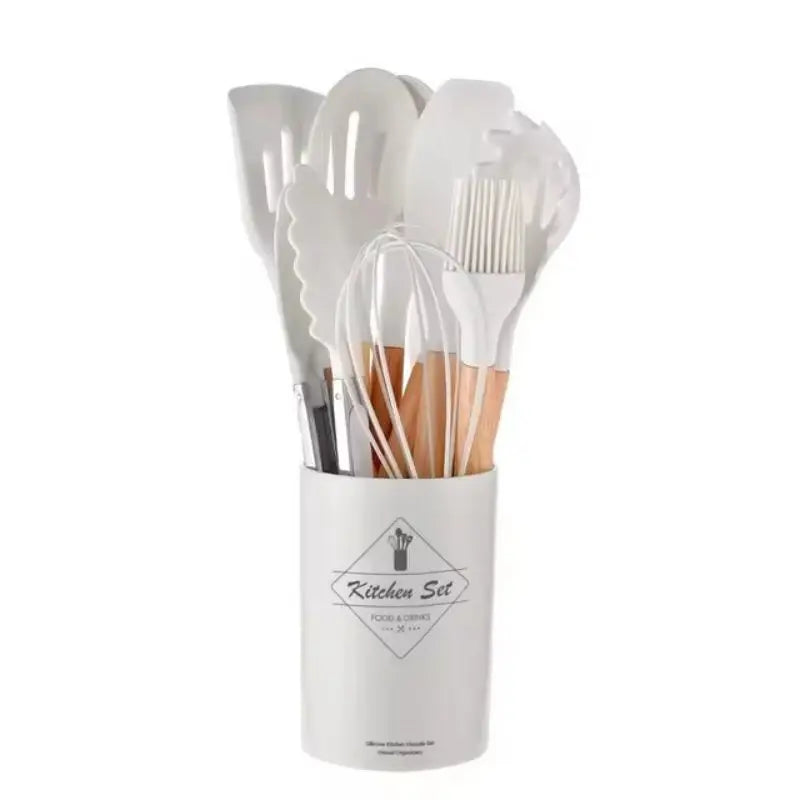 Home Kitchen: Utensil: Silicone with Wooden Handle - 12 Pcs Set - Non-stick Kitchenware