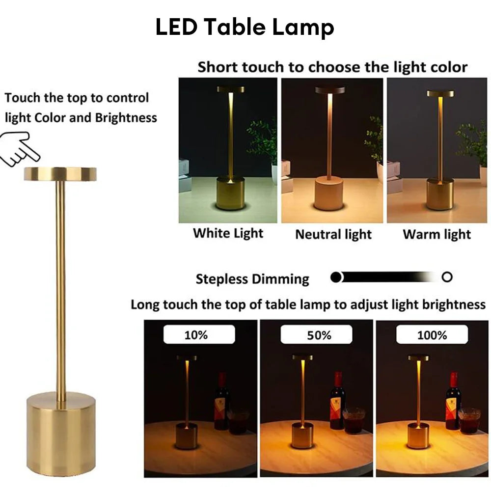 LED Table Lamp – Classic USB Rechargeable – Stepless Dimming Touch Desk Lamp with 3 Colors