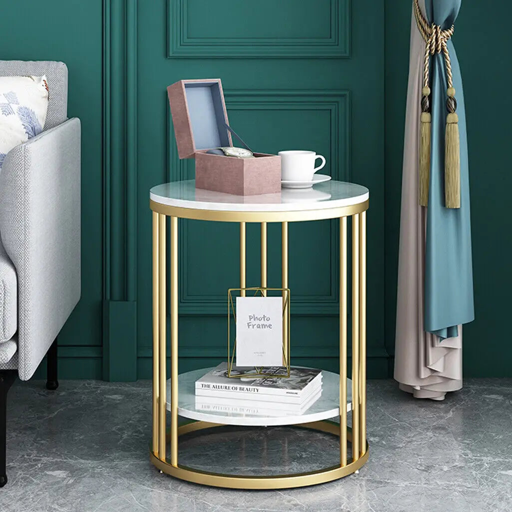 Accent Table- 2-Tier White Marble Side Table, Round Coffee Table, Nightstand, Jewelry Storage