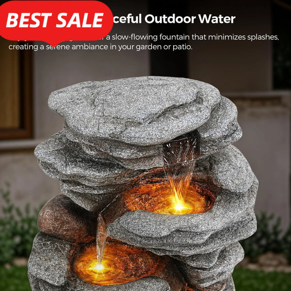 Water Fountain-LED Lights, 5-Tier Cascading Rock Waterfall,  40 in Tall, Outdoor, Natural Rock Look