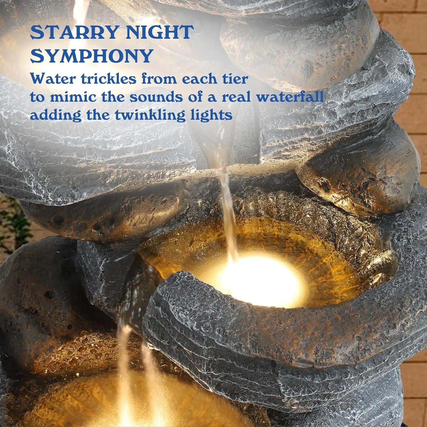 Water Fountain- 5-Tiers Cascading Rock Water Fountain Outdoor - Waterfalls Fountains with LED Lights, Outdoor/Indoor Resin Water Fountain