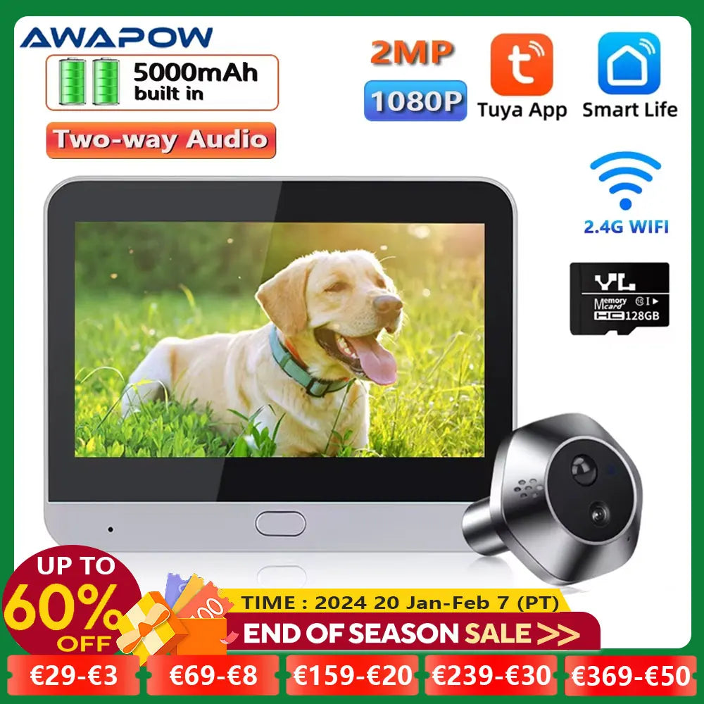 Awapow 4.3" Tuya Smart Doorbell Camera – WiFi Peephole Viewer with PIR Motion Detection & Two-Way Audio