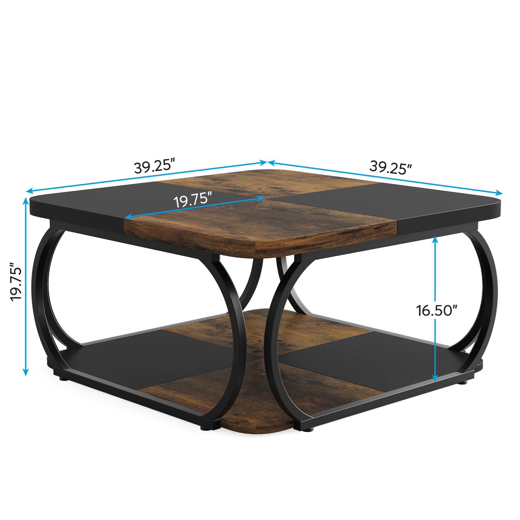 Coffee Table-Tribesigns Square Coffee Table, with 2 Tiers, 40 inches, Low Farmhouse Coffee Table, with Wood Storage Shelf, Heavy Duty Metal Curve