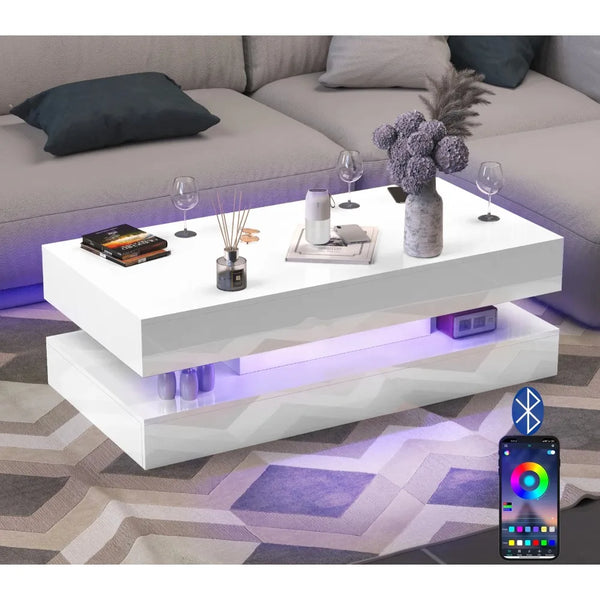 Coffee Table-47.2 High Glossy LED Coffee Table, Modern Center Table with 2 Storage Drawers for Living Room