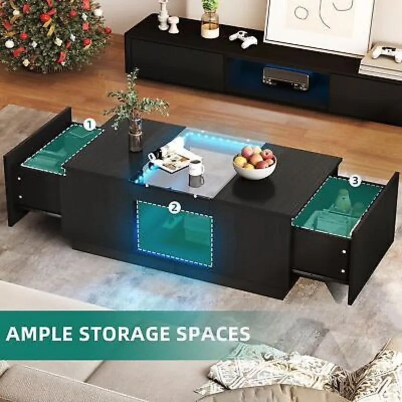 Coffee Table - Modern LED – Rectangle Design with Built-In Charger & Storage Drawers for Living Room