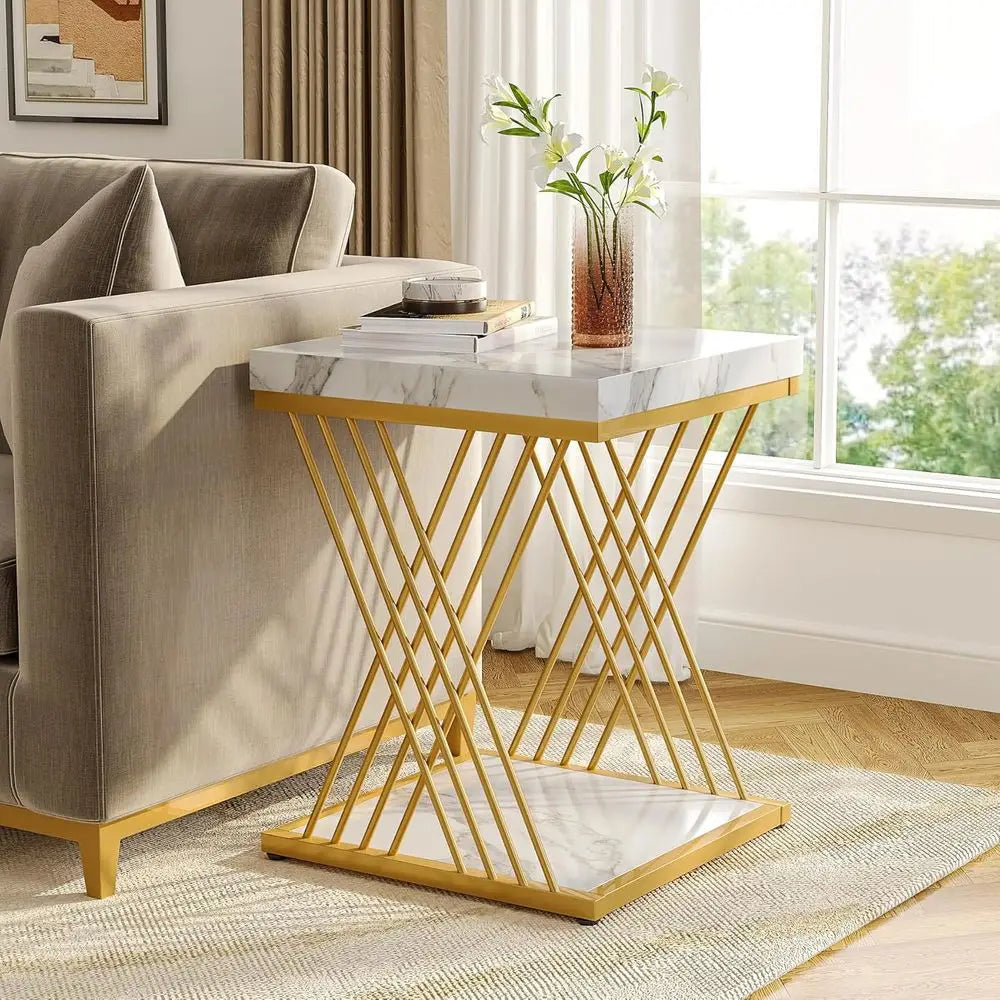 Accent Table-White Gold Marble, 2-Piece Set, Side Table Set, 2-Tier End Table