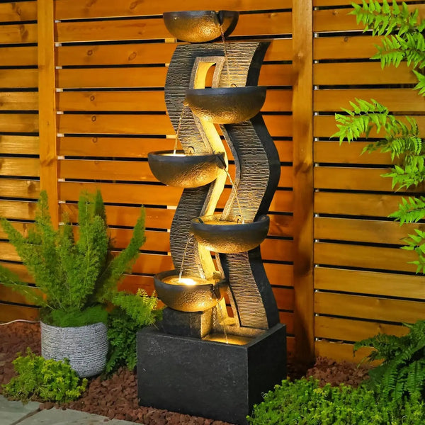 Water Fountain-LEDs Lights, 6-Tier Cascading, Resin, 52.8 in High, Waterfall, Porch, Garden, Yard, Deck, Patio