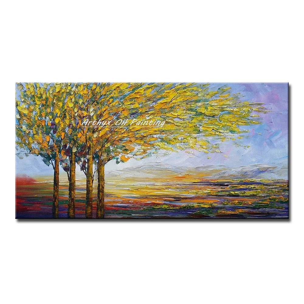 Canvas Art-Hand painted, Palette Knife, Tree, Oil Painting on Canvas, Modern Abstract Landscape Art Poster, Wall Pictures, Home Decor, Arthyx,Large