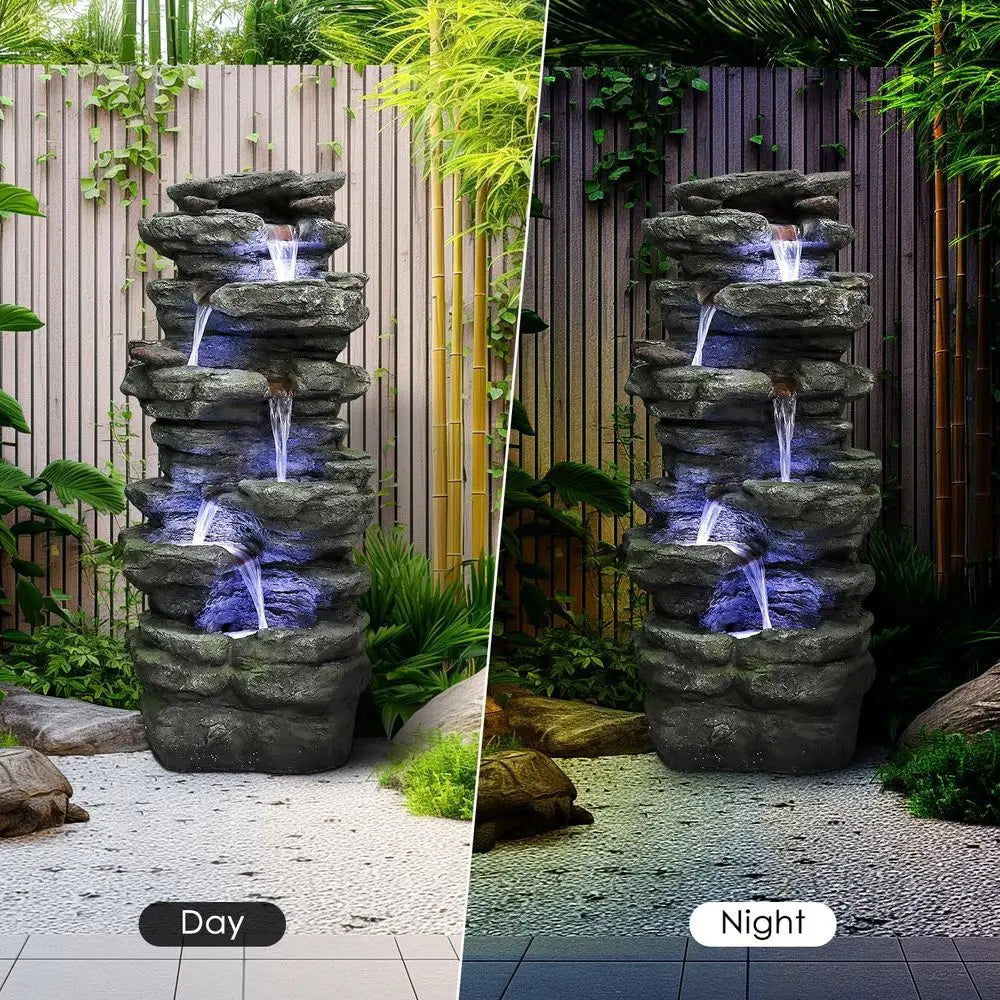 Water Fountain- 6-Tier Rock Outdoor Water Fountain with LED Lights - Large Cascading Waterfalls for Patio, Garden, and Yard Decor