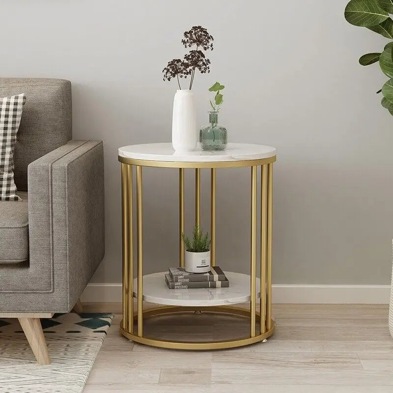 Accent Table- 2-Tier White Marble Side Table, Round Coffee Table, Nightstand, Jewelry Storage