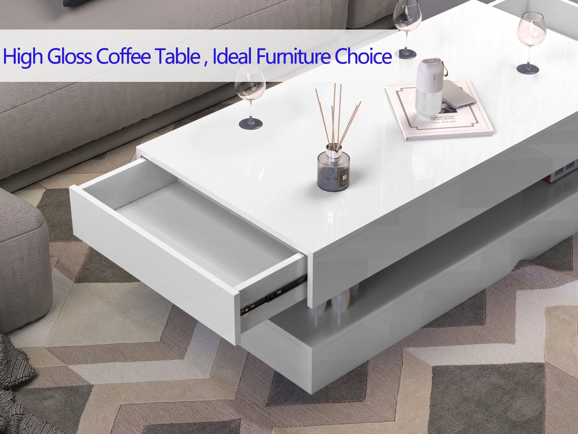 Coffee Table - Modern LED - 47.3 inch – High Gloss Finish with Dual Storage Drawers for Living Room