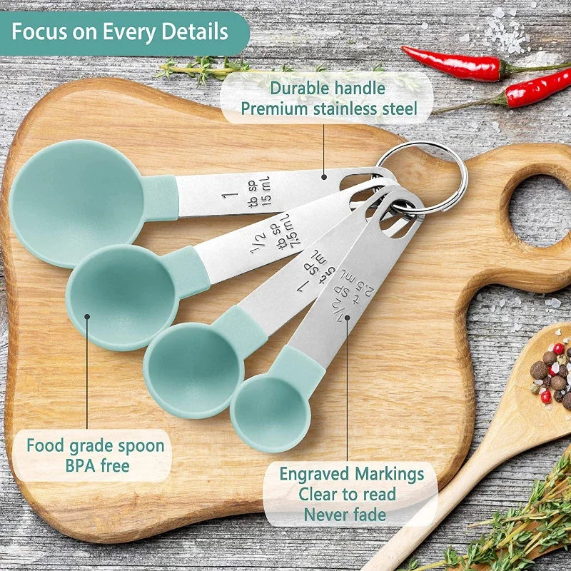 Kitchen Tools-Measuring Cups and Spoons Set of 8 Pcs Nesting Measure with Stainless Steel Hle Dry Liquid Ingredient
