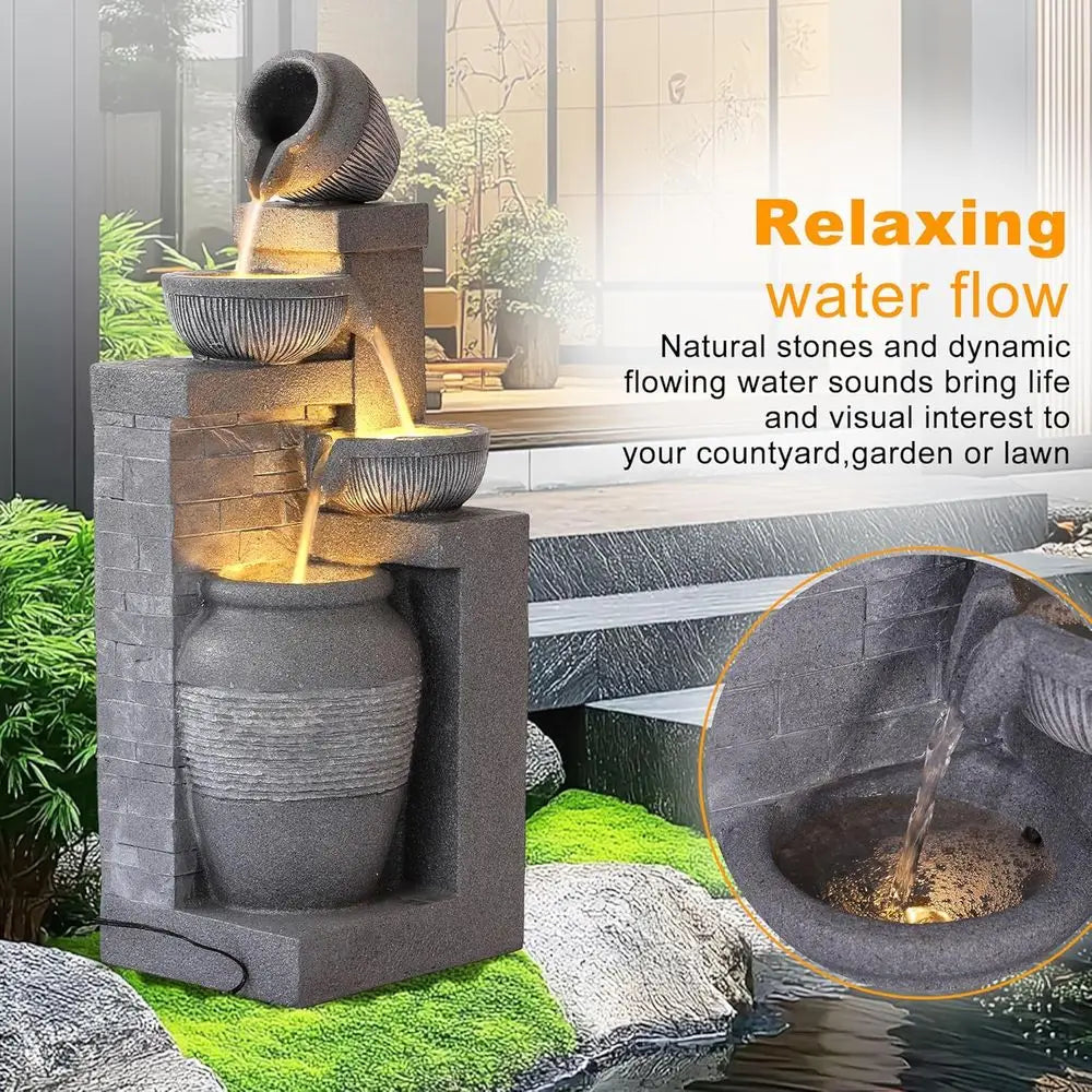Water Fountain-4 Tiers, 32 inch, Cascading Resin Fountains and Waterfalls with LEDs and Bowls, Modern Floor-Stand, Outdoor/Indoor Garden