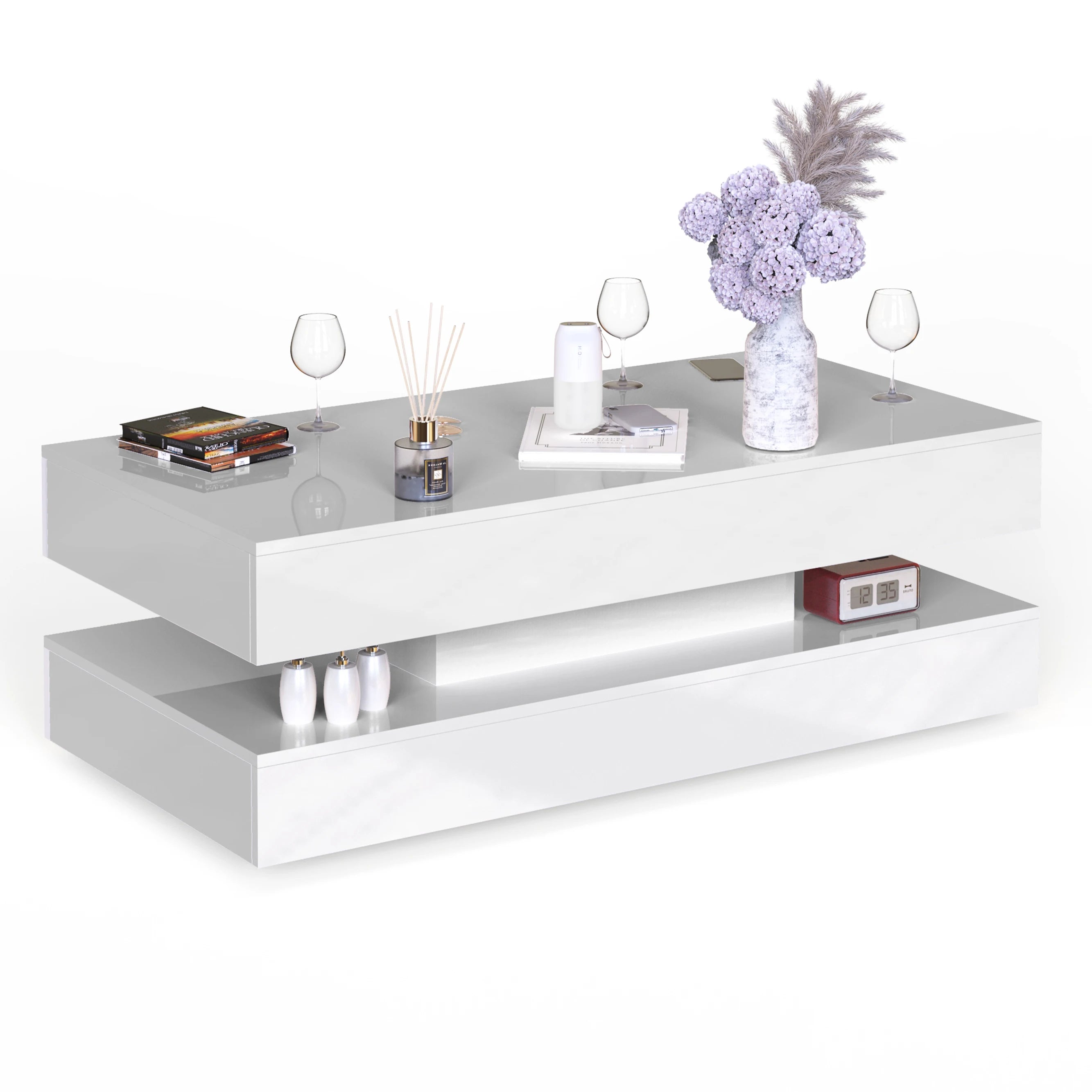 Coffee Table - Modern LED - 47.3 inch – High Gloss Finish with Dual Storage Drawers for Living Room