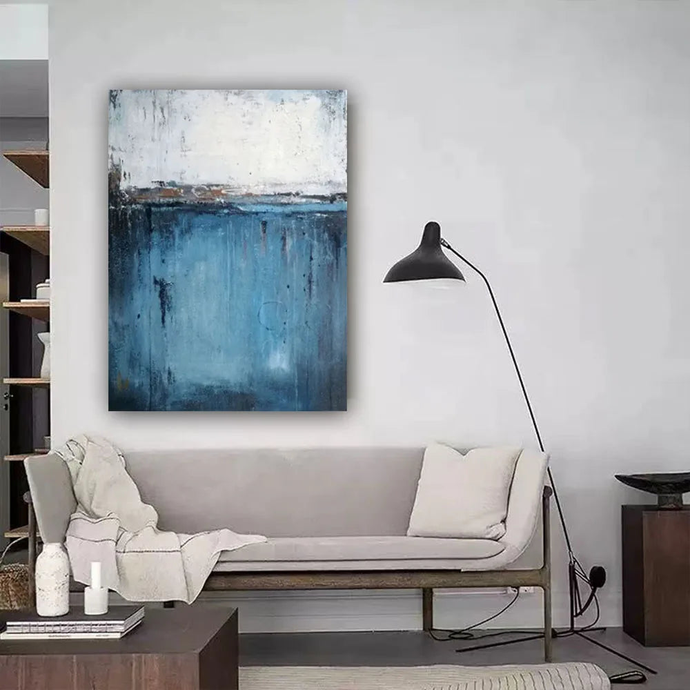 Abstract Oil Painting On Canvas-Handmade, Texture Wall Art, Pattern C-Blue And Off-White