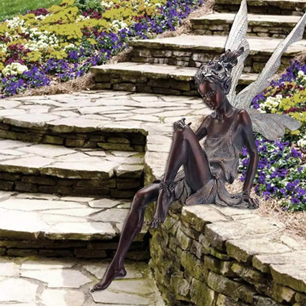 Figurines-Flower Fairy Resin Statue Decoration Outdoor Garden Angel Girl Sitting Figurines Sculpture Landscaping Yard Art Ornament