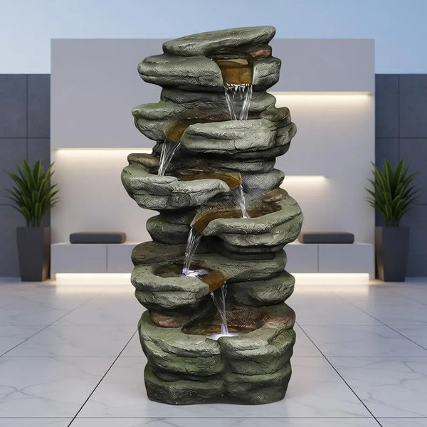 Water Fountain-LED Lights, 6-Tiers, Rock Natural, Waterfall, Outdoor, Floor Standing, Garden, 30.7 in, Home Garden