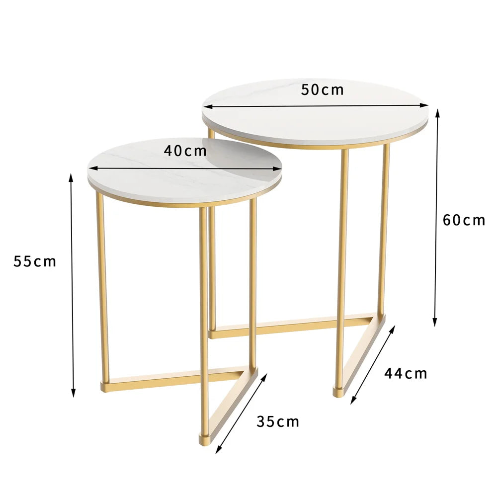 Accent Table-Modern Round Marble Metal Base Nesting Set Side Accent Table Living Room Storage Small End Table, Set of 2, Marble and Gold