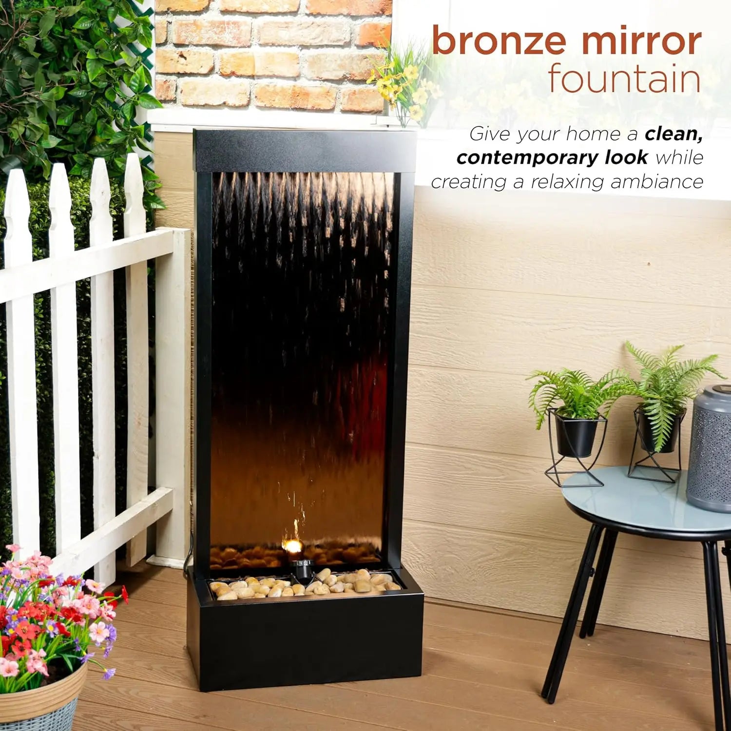 Water Fountain-Mirror Waterfall Fountain with Stones & Lights, Zen Indoor/Outdoor Fountain for Office, Living Room, Patio, Entryway