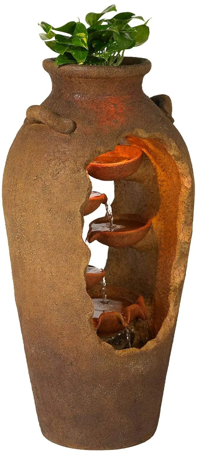 Water Fountain-Cascade Rustic Faux Stone Floor Fountain, Urn Waterfalls Fountain, 33" High with LED Light, Planter Waterfall