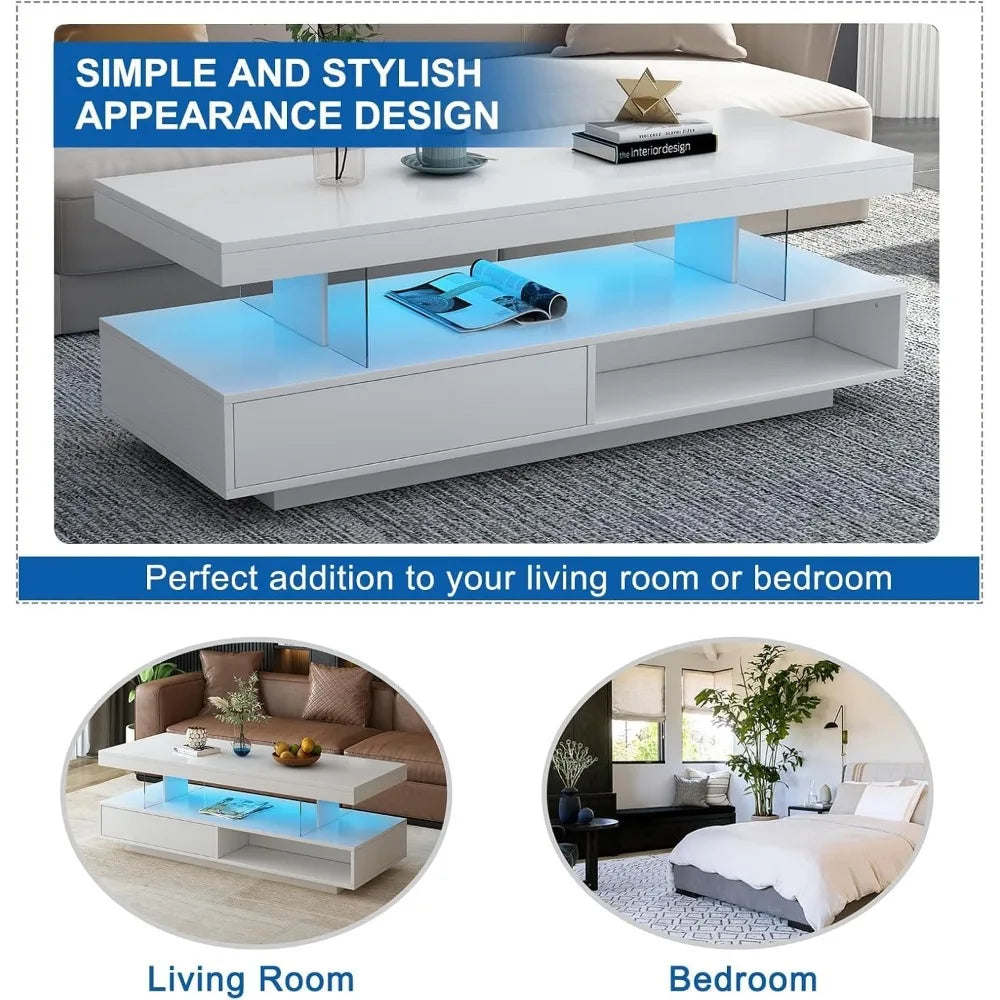Coffee Table - Modern LED - 2 Tiers White Gloss - with Storage Shelf, Stylish Living Room Centerpiece