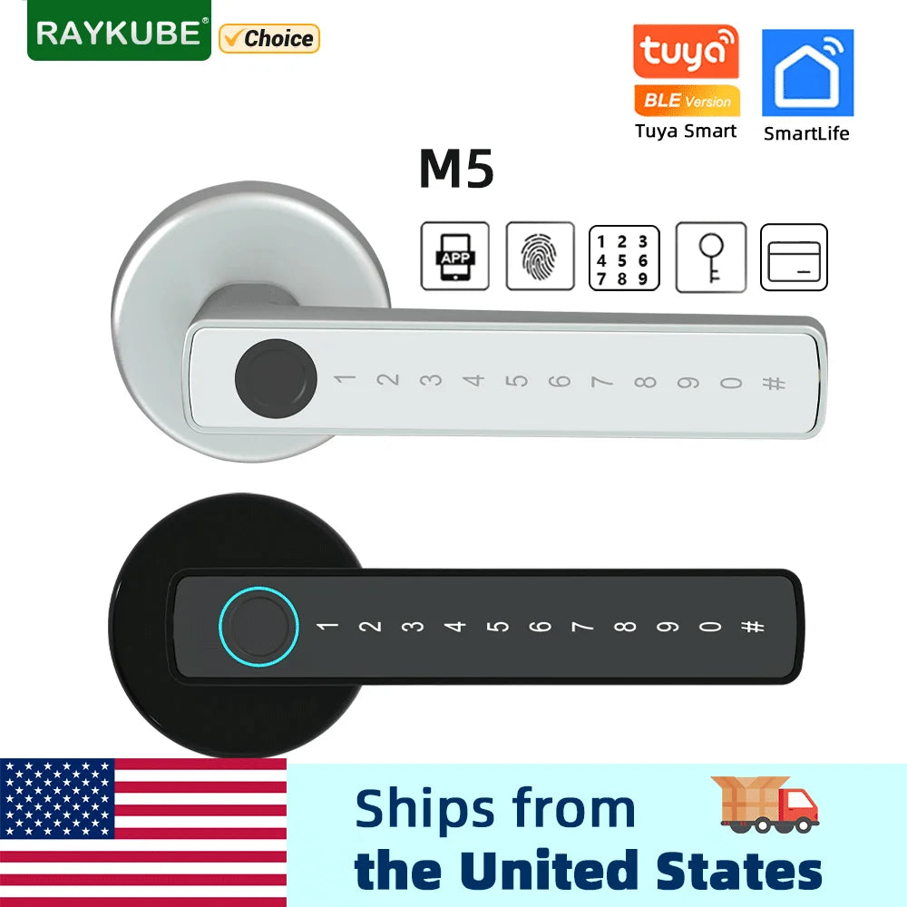 M5 Smart Fingerprint Door Lock by RAYKUBE with Tuya BLE – Password, Key, Card & App Unlock + Free US Delivery