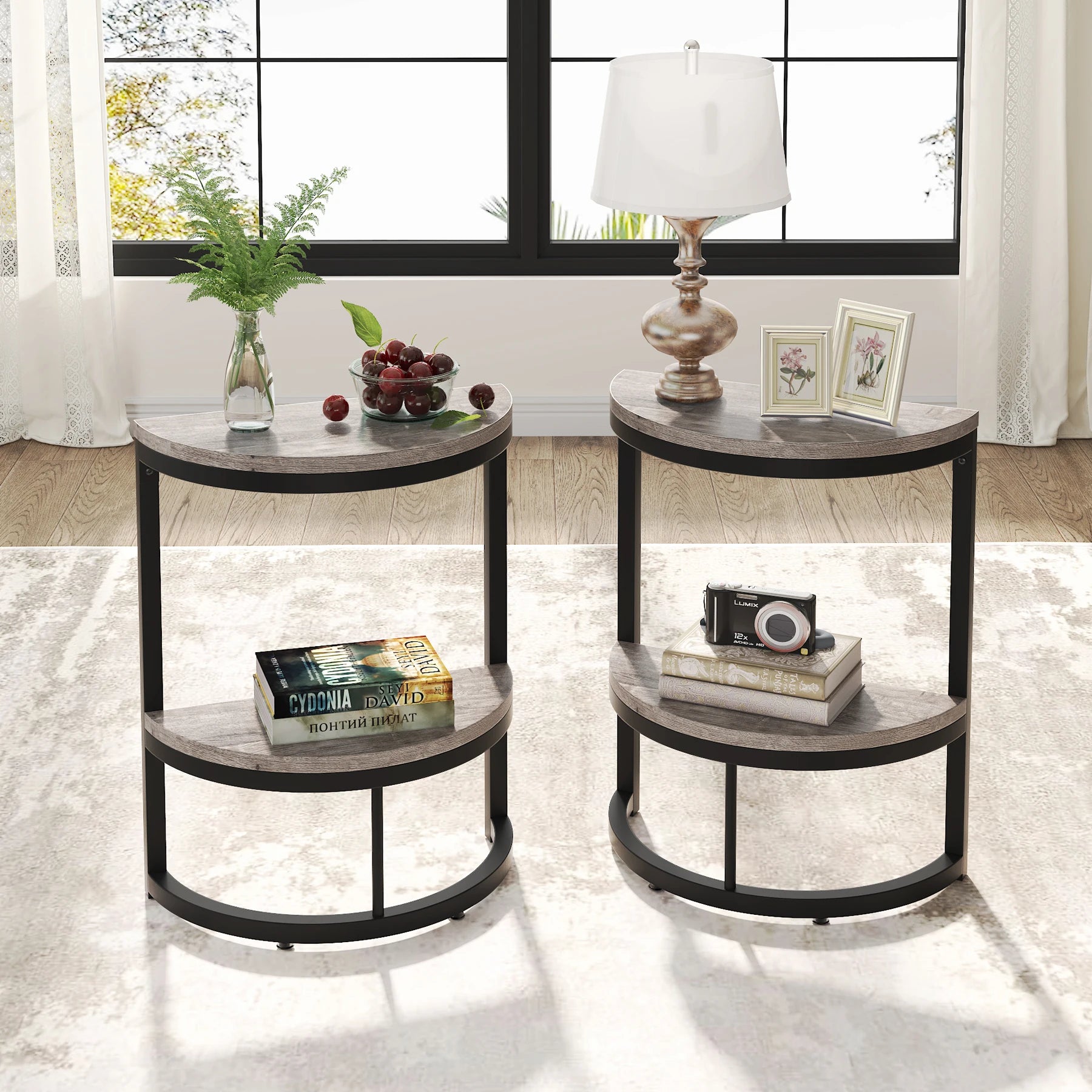 End Table-Semi Circle, Small Half Round, Side Table with Storage Shelf, Accent Table, Slim C Table for Sofa Couch, Tribesigns