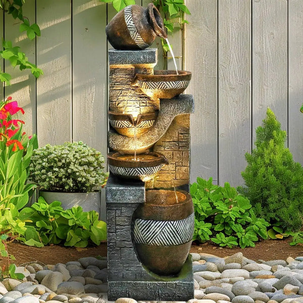 Water Fountain-LED Lights, 5 Tiers, Indoor/Outdoor, Garden, 42.5 in, Modern Floor-Standing, Cascading, Water Feature, Suitable for Deck