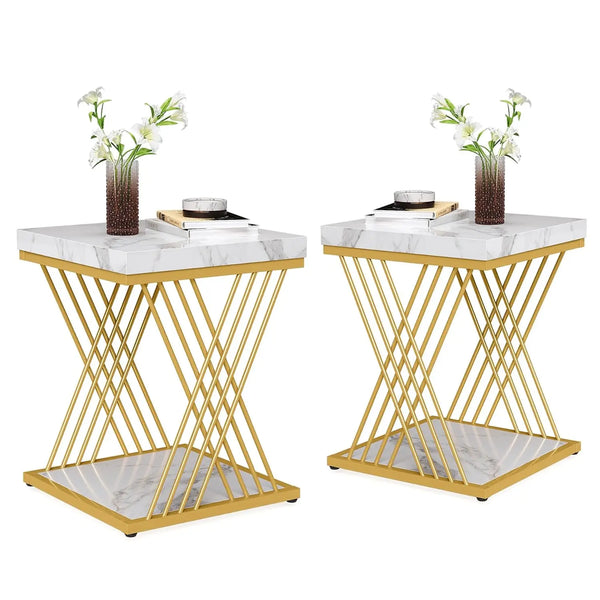 Accent Table-Square End Table White Gold 2-Tier Side Table Modern Small Bedside Table with Storage for Couch, Sofa Side Table, Customized