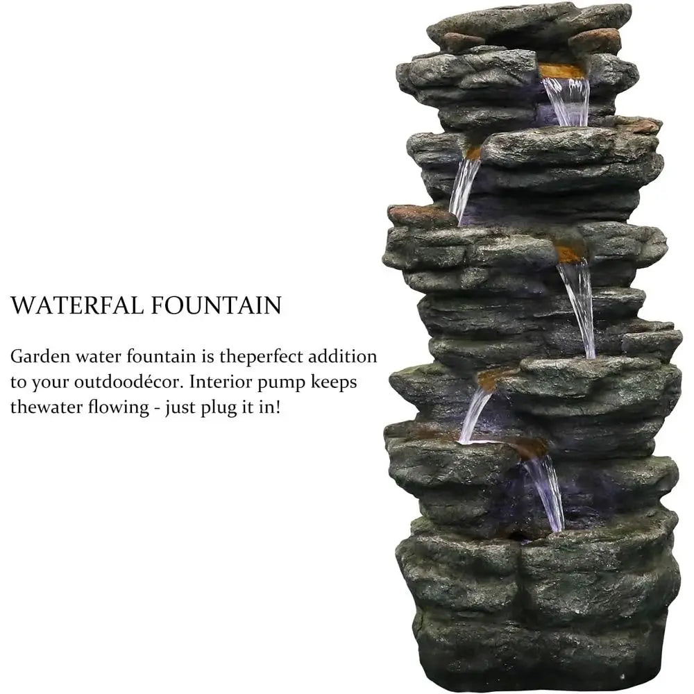 Water Fountain-Outdoor Water Fountain, with LED Lights, Large Cascading Waterfalls, 6-Tier Rock, Patio, Garden, and Yard Decor
