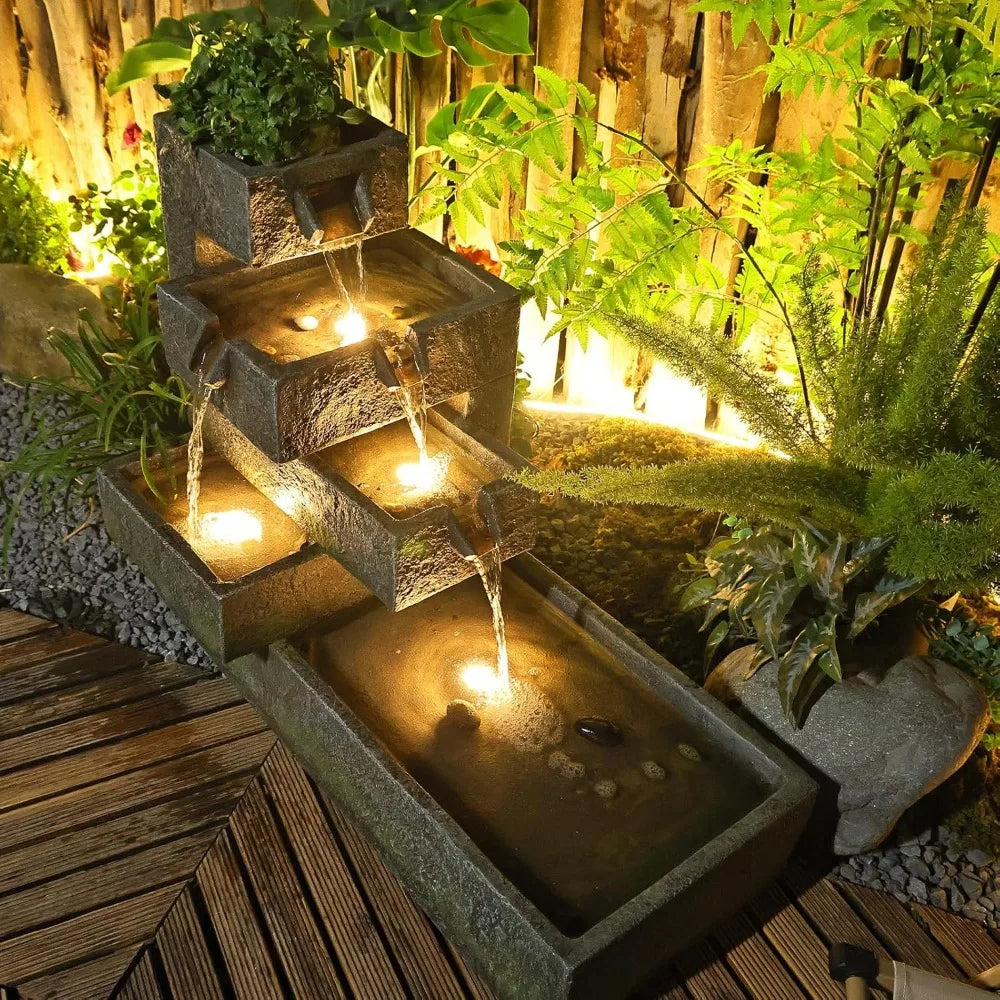 Water Fountain-LEDs Lights, Tiered Outdoor, Garden, Waterfall Indoor, Freestanding, Cascade, Fountain Concrete, Artistry, Modern Style