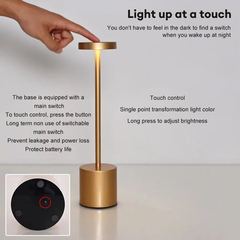 LED Table Lamp – Classic USB Rechargeable – Stepless Dimming Touch Desk Lamp with 3 Colors