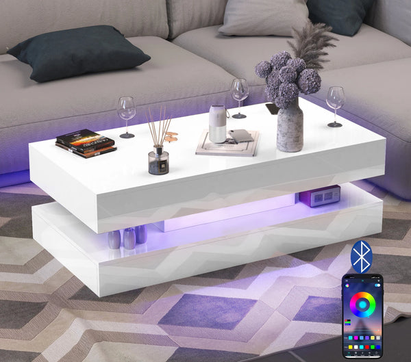 Coffee Table - Modern LED - 47.3 inch – High Gloss Finish with Dual Storage Drawers for Living Room