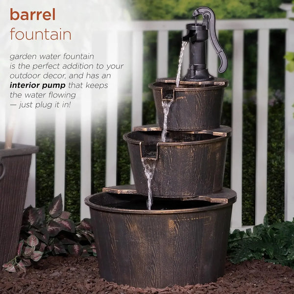 Water Fountain - Outdoor Floor Tiered, Rustic Pump and Barrel, Old-Fashioned Waterfall, 40 in Tall, Garden, Patio, Yard