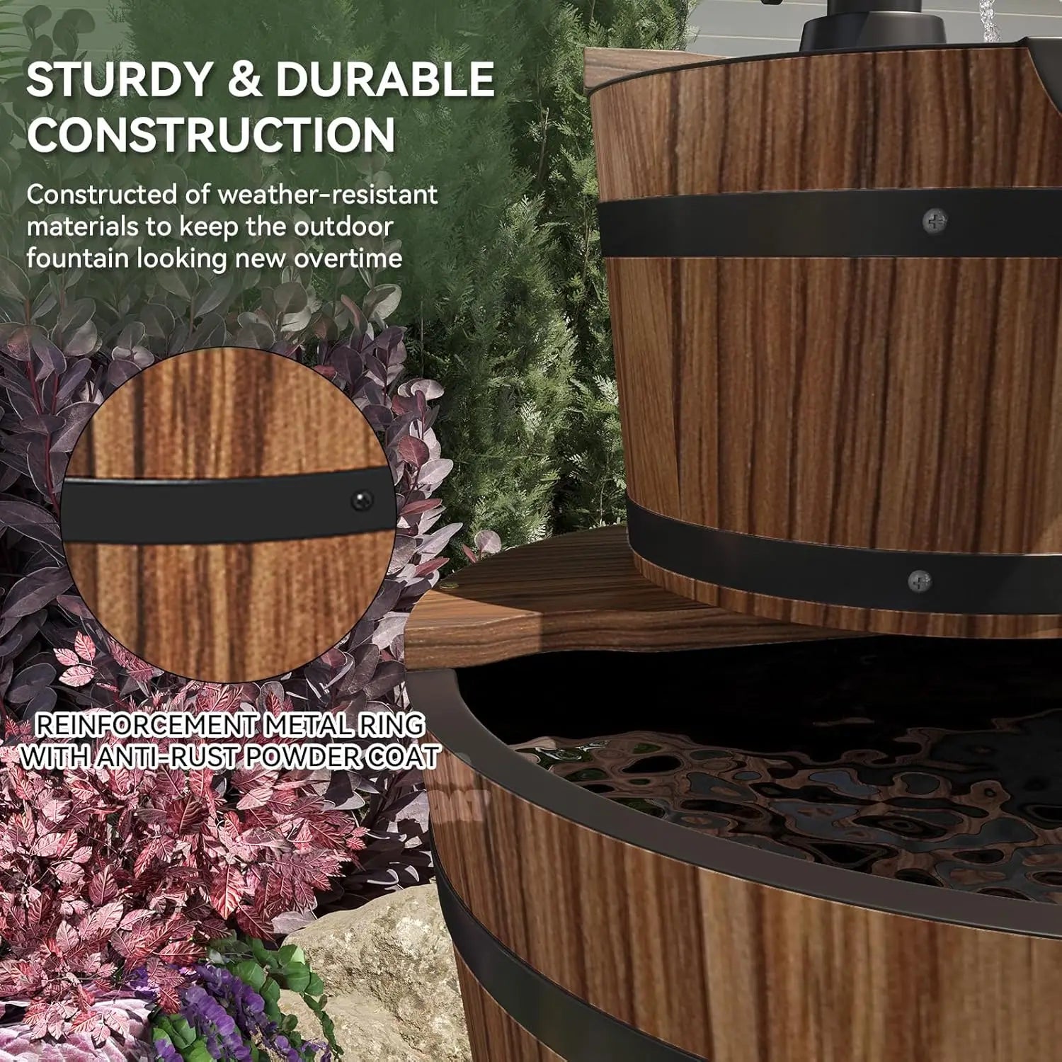 Water Fountain- 3-Tier Outdoor, Wood Barrel, Cascading, Electric Decorative Hand Pump, Rustic Waterfall Fountain
