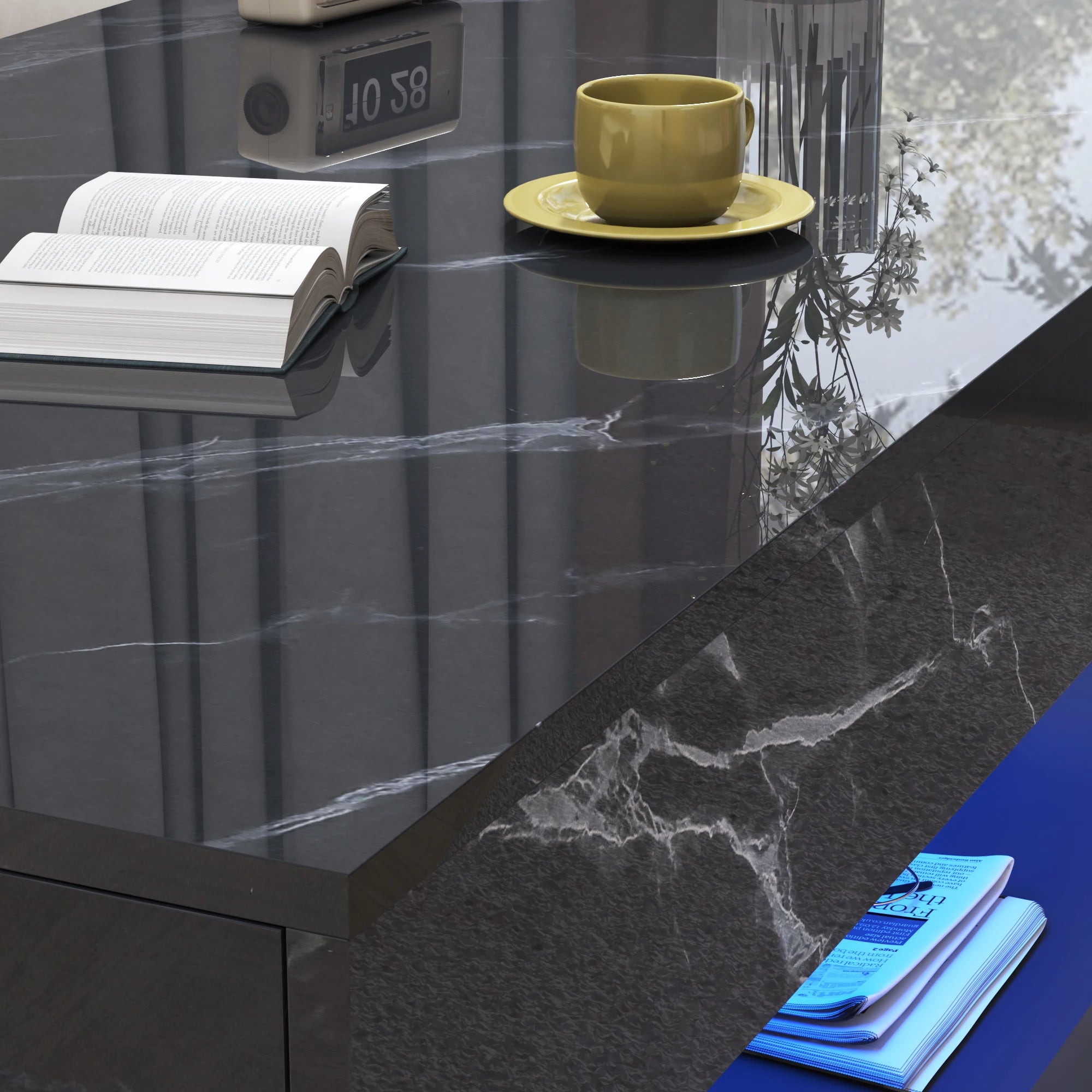 Coffee Table-Modern Stylish Coffee Table with LED lights, Double-Layer Design for Living Room Coffee Table with 2 Storage Drawers