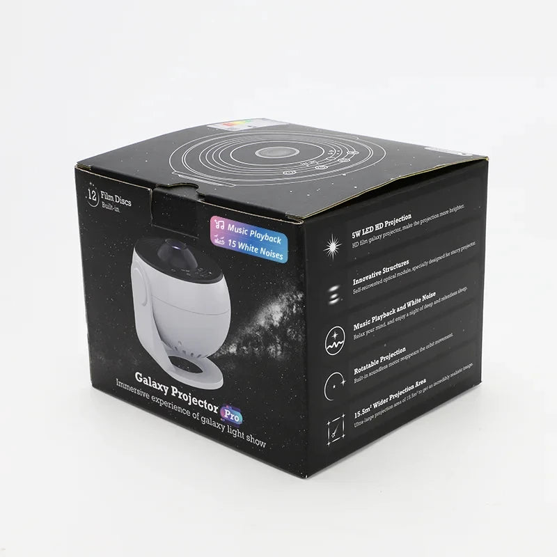 Galaxy Projector-Pro Version HD, 12 in 1 Film Discs, Star Projector, Galaxy Light Planetarium Projector, with Timer, White Noise, 360 ° Rotation, Bluetooth Remote Control